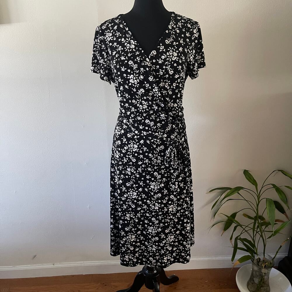 Eliza J Faux Wrap Dress XL Black White Floral Jersey Knit Belted Midi